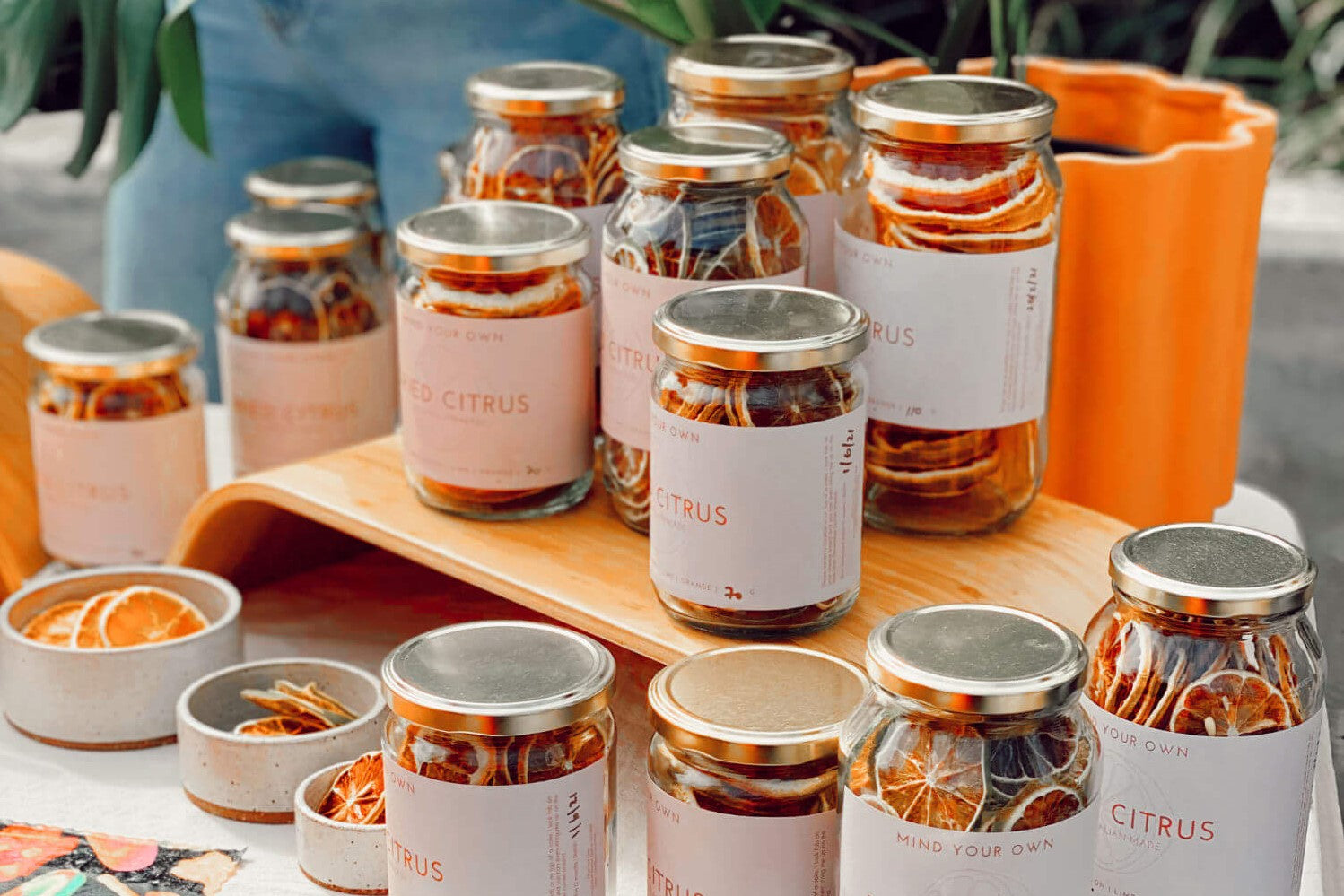 Jars of Mind Your Own dried citrus jars on display at The Market Folk Markets Brisbane.