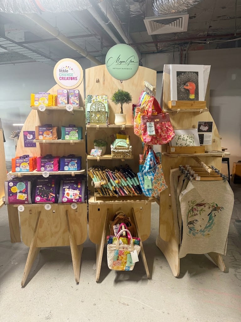 Inside The Market Folk pop up shop at Post Office Square, with maker displays from Little Change Creators and MeganGaea