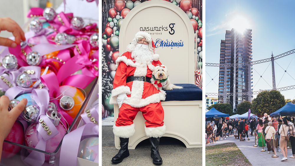 Santa Paws photo with a dog at Gasworks Plaza, handmade Christmas baubles and shoppers at a The Market Folk Christmas market in Brisbane